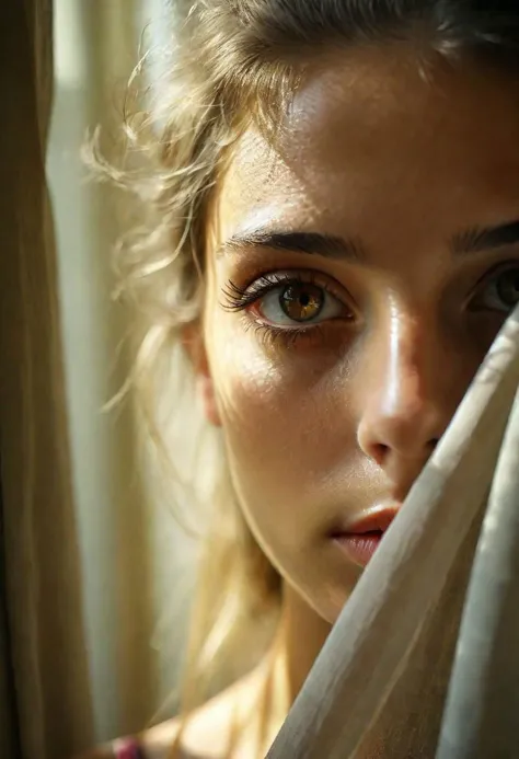 RAW photo, beautiful brown eyes, macro shot, masterpiece, peeking from behind curtains, colorful details, award winning, high detailed, 8k, natural lighting, analog film, detailed skin, amazing composition, intricate details, subsurface scattering, velus hairs, amazing textures, filmic, chiaroscuro, soft light, 21 years old girl, upper body and face closeup