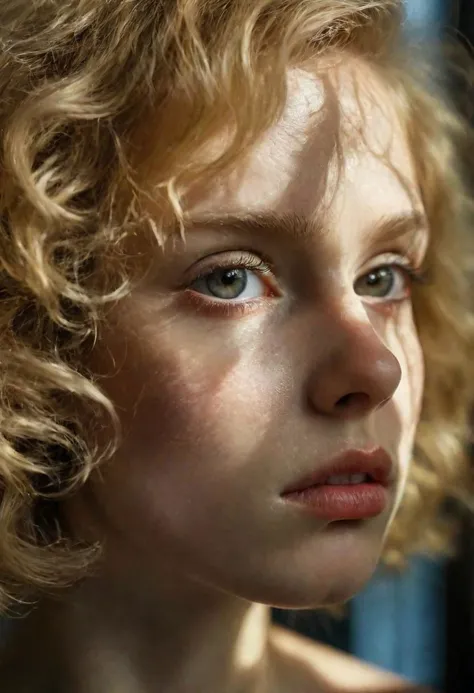 photo portrait of a young russian girl, cornea reflections, detailed skin texture, skin bump, skin fuzz, vellus hair, blond wavy bob, scruting the horizon, indoors, dark room, depth of field, backlighting