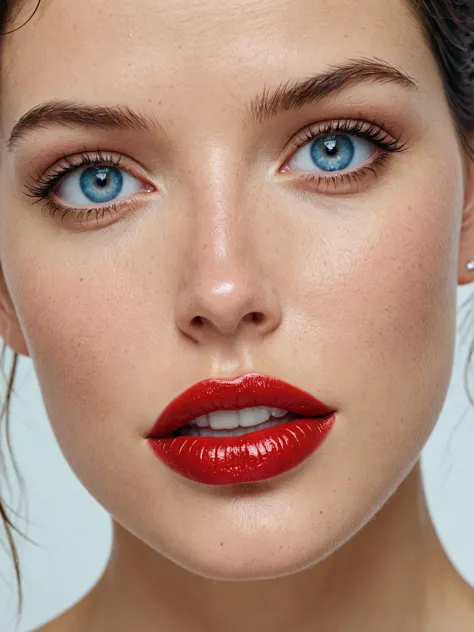 a close up of a woman with a red lipstick and a red lip