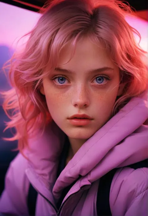  young girl, Panorama, Lonely, Techwear, Beautifully Lit, 50mm, cute Lavender colored eyes, pixiv, art by Guy Aroch, Richard Mos...