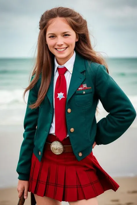 a close up of a young girl in a green jacket and red skirt