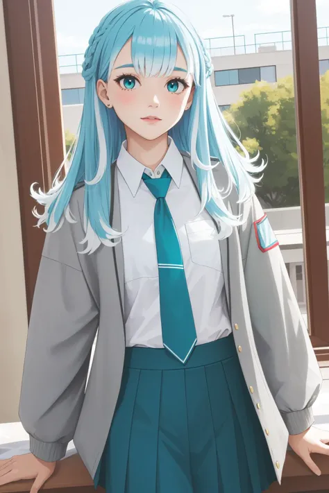 (masterpiece, best quality),  intricate details,
1girl,        Kobo, Multicolored hair, Aqua eyes,   kobo kanaeru, light blue hair, white hair tips, 
 u.a. school uniform, grey jacket, red necktie, green skirt, green pants,