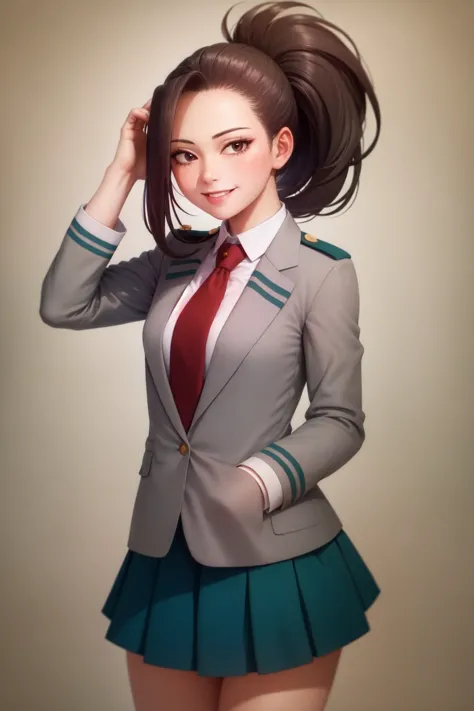 (masterpiece, best quality:1.2), <lyco:mha_yaoyorozu-10:0.8>, <lyco:attire_uauniforms-17:1.0>, cowboy shot, solo, 1girl, yaoyorozu momo, smile, looking at viewer, hand in own hair, high ponytail, u.a. school uniform, grey jacket, red necktie, green skirt