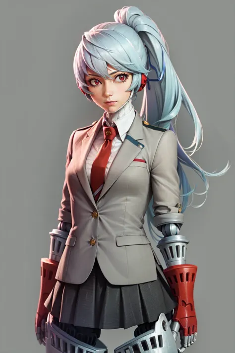 (masterpiece, best quality:1.2), <lyco:persona4_labrys-10:0.8>, <lyco:attire_uauniforms-17:1.0>, cowboy shot, solo, 1girl, labrys, android, robot joints, joints, expressionless, closed mouth, looking at viewer, arms at side, blue hair, ponytail, red eyes, u.a. school uniform, grey jacket, red necktie, green skirt