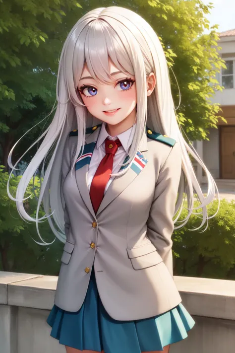 (masterpiece, best quality:1.2), <lyco:attire_uauniforms-17:1.0>, cowboy shot, solo, 1girl, smile, looking at viewer, arms behind back, long hair, u.a. school uniform, grey jacket, red necktie, green skirt