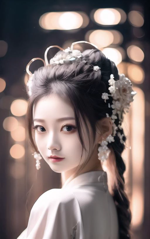 best quality, masterpiece, highres, wuxia 1girl,blush,(seductive smile:0.8),star-shaped pupils,china hanfu,hair ornament,necklace, jewelry,Beautiful face,upon_body, tyndall effect,photorealistic, dark studio, rim lighting, two tone lighting,(high detailed skin:1.2), 8k uhd, dslr, soft lighting, high quality, volumetric lighting, candid, Photograph, high resolution, 4k, 8k, Bokeh