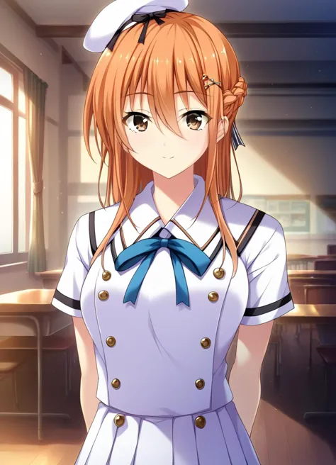 anime girl in uniform standing in a classroom with a desk