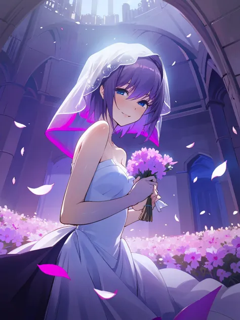 masterpiece,best quality,highres,cinematic lighting,dramatic angle,1girl,<lora:PuellaMagaLuciferOukaV2-000012:0.8>,1girl,seri,blue eyes,short hair,purple hair,looking at viewer,veil,long white wedding dress,smal breasts,bare shoulders,lens flare,holding a bunch of  purple flowers,crowd,onlookers,church,pigeons,petals,happy,cowboy shot,happy,holding pov's hands