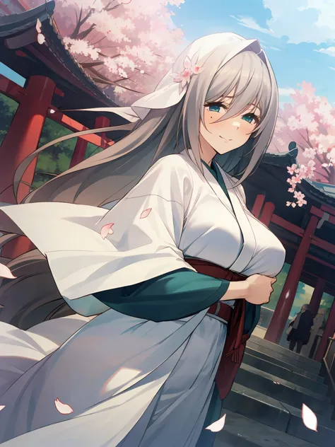 anime girl in kimono outfit standing in front of a red building