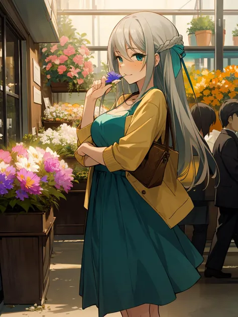 anime girl in a blue dress and yellow jacket standing in a flower shop