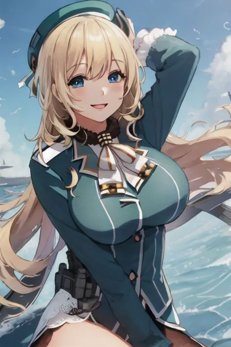 best quality, masterpiece, 1girl, (solo:1.1),from above,, raytracing, ultra detailed,detailed face, 8k wallpaper, wide hips,medium breasts ,
(light smile:1.4), 
atago_kantaicollection, blonde_hair, long_hair, hat, breasts, blush, large_breasts, smile, beret, open_mouth, military, green_eyes, blue_eyes