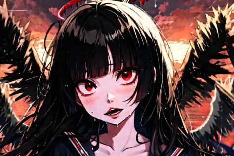 anime girl with black hair and red eyes with angel wings