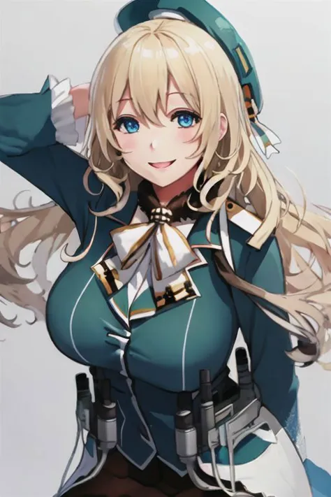 best quality, masterpiece, 1girl, (solo:1.1),from above,, raytracing, ultra detailed,detailed face, 8k wallpaper, wide hips,medium breasts ,
(light smile:1.4), 
atago_kantaicollection, blonde_hair, long_hair, hat, breasts, blush, large_breasts, smile, beret, open_mouth, military, green_eyes, blue_eyes