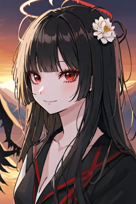 a girl with long black hair and red eyes standing in front of a mountain