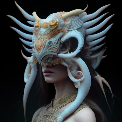 OpenJourney

3 d goddess close - up profile portrait with ram skull. beautiful intricately detailed japanese crow kitsune mask a...