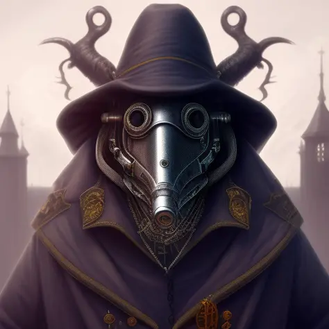 mdjrny-v4 style plague doctor, gothic style, occult, evil, depressing, villiage in background , steampunk,  detailed and intrica...