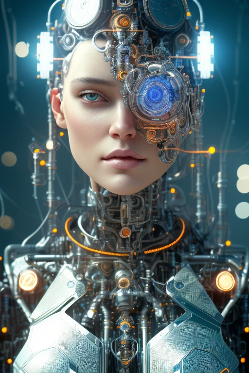 cyborg complet du corps| portrait en pied| visage détaillé| symétrique| steampunk| cyberpunk| cyborg| complexe détaillé| mettre à l&#39;échelle| hyperréaliste| éclairage cinématographique| art numérique| art conceptuel| style mdjrny-v4