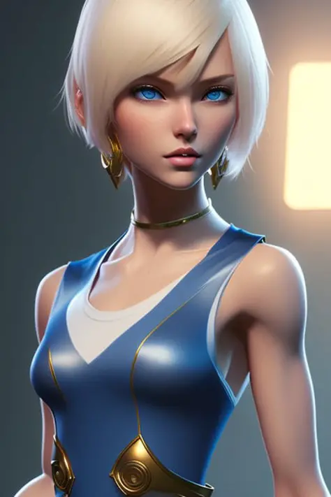 (masterpiece), (best quality), woman in her 20s, (perfect face), serious expression, (short blonde straight bob cut hair), (beautiful bright blue eyes), perfect anatomy, athletic body, (sexy, muscular), perfect hands, small simple gold earrings, (white shirt under open black vest), thick thighs, tight blue denim pants, hand on waist, (looking at viewer), (medium shot photograph), studio background, (trending on ArtStation, trending on CGSociety), (art by Artgerm), (art by Beln Ortega), (art by Dan Mora), (art by Terry Dodson), octane render, unreal engine, modelshoot style, photorealistic