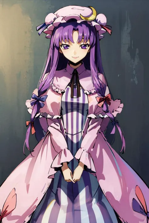 codeGeass <lora:codeGeass_offset:1>,
patchouli knowledge, 1girl, dress, (purple hair, purple eyes:1), long hair, mob cap, cresce...