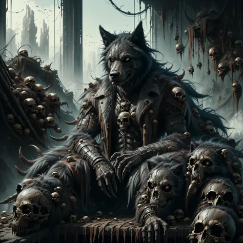 a close up of a person sitting on a throne with skulls