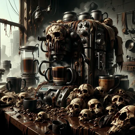 there is a table with many skulls and coffee cups on it