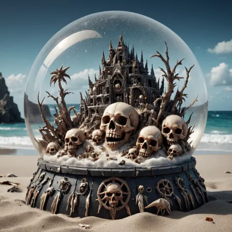 a close up of a snow globe with skulls and a castle in the background