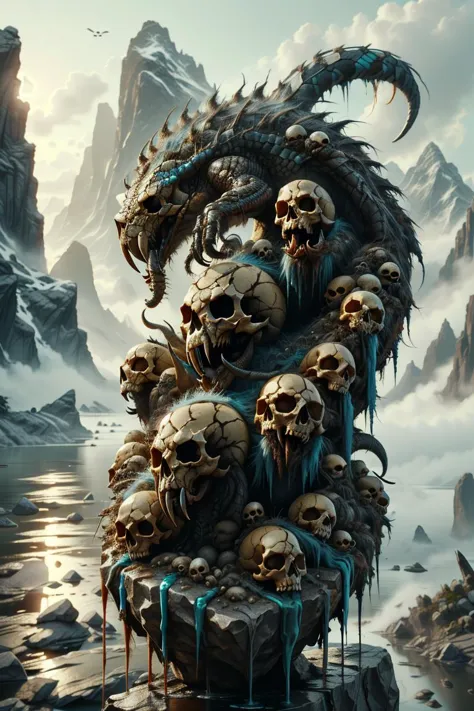 a painting of a dragon with skulls on a rock in the water