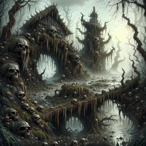 a painting of a swamp with skulls and trees in the background