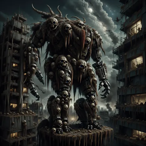 a large robot standing on top of a building in a city