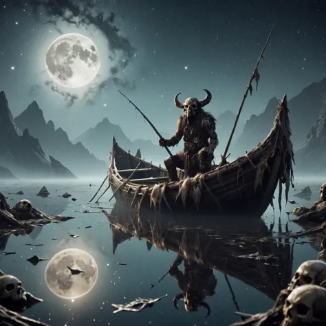 <lora:EPSavageVerseSDXL2:1>, EPSavageVerse, grimdark, primal, feral motifs, tribal symbols,  a man in a boat on a moonlit lake, fishing stars