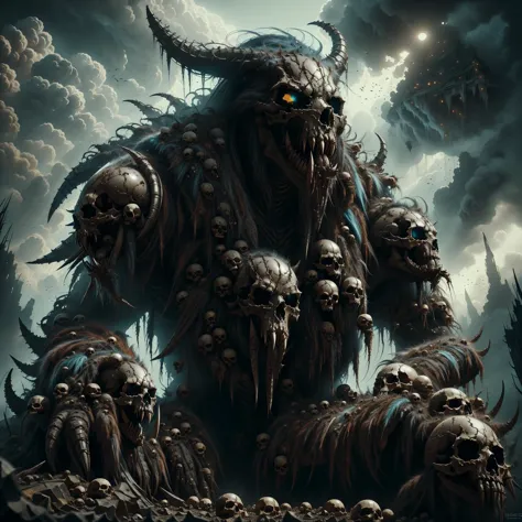 a large horned monster surrounded by skulls and skulls