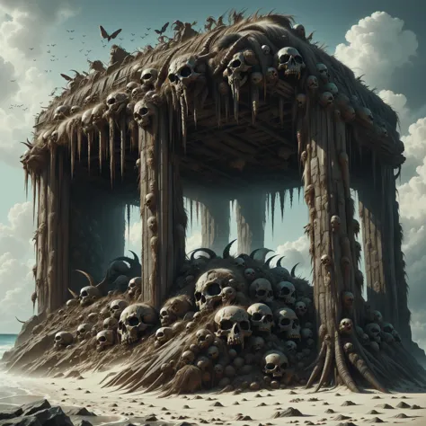 a close up of a structure with skulls on the beach