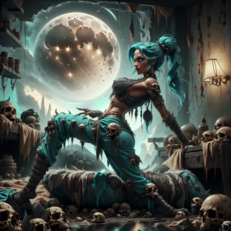 a woman with blue hair and a blue dress standing in a room full of skulls