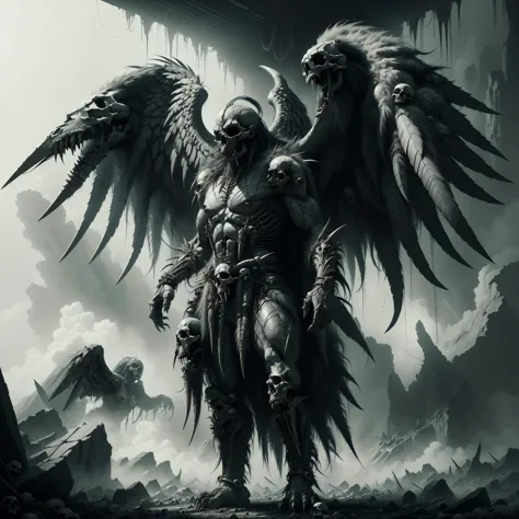 a black and white photo of a demon with wings on a mountain