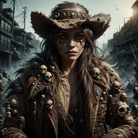 <lora:EPSavageVerse-30:1.0>, EPSavageVerse, depth of field, outdoors, grimdark, post-apocalypse, primal, portrait of a young woman, long dark hair and an angular face with a scar across the chin. cowboy hat, daring and bold, con - artist and spy, beautiful, rpg, dnd, artgerm