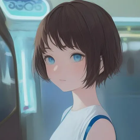 masterpiece, 1girl, detailed face + light blue :1.5, nose, chestnut, ( jammers :1.2), closed mouth, looking at viewer, short hair , background: arcade , solo, upper body