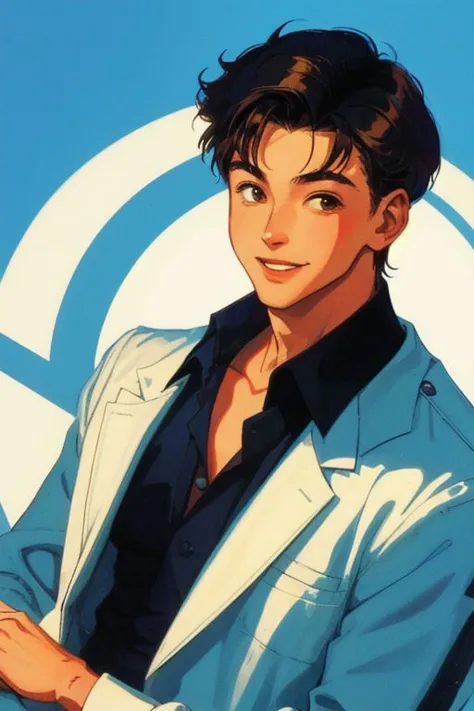 1boy, male focus, boys, yaoi, solo, portrait, retro boy, 90's, smile, wink, simple background, aesthetics, absurdres, year 1990