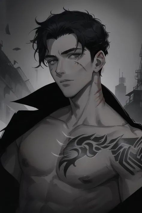 1boy, male focus, boys, yaoi, solo, mafia boss, looking at the view, black hair, gray eyes, tattoo, tattoo on the neck, scars, t...
