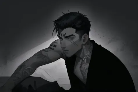 1boy, male focus, boys, yaoi, solo, mafia boss, looking at the view, black hair, gray eyes, tattoo, tattoo on the neck, scars, t...