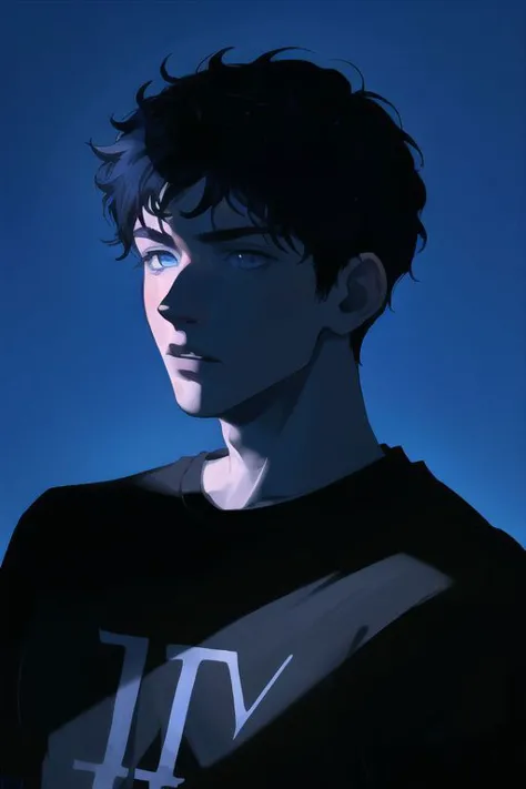 1boy, male focus, boys, yaoi, solo, looking at the view, gloomy, short hair, black hair, blue eyes, t-shirt, dark theme, blue th...