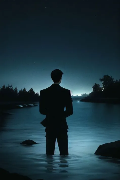 1boy, male focus, boys, yaoi, solo, standing in the water, night, short hair, black hair, shirt, dark colors, subdued lights, slightly shiny water, dark sky, from below, spotlight, best aesthetics, absurdres, year 2124