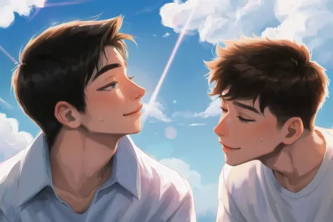 2boys, male focus, boys, yaoi, imminent kiss, looking at another, smile, short hair, black hair, closed eyes, brown hair, blue eyes, shirt, lens flare, sky, cloud, blue sky, sweat, best quality, amazing quality, best aesthetic, absurdres, year 2023