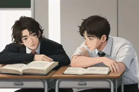 2boys, male focus, boys, yaoi, teenagers, school, classmates, sitting at the same desk, looking at the other, textbooks, noteboo...