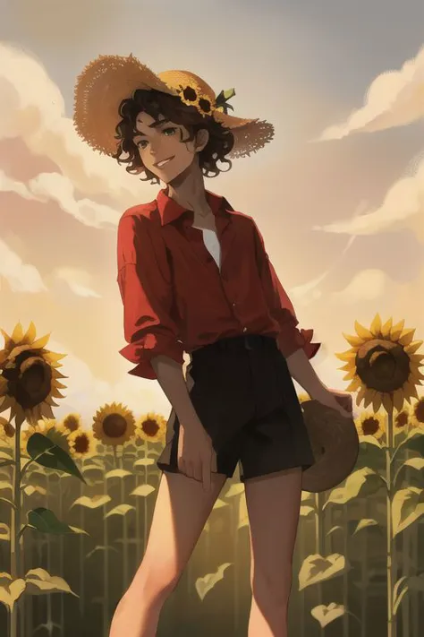 a woman in a hat standing in a field of sunflowers