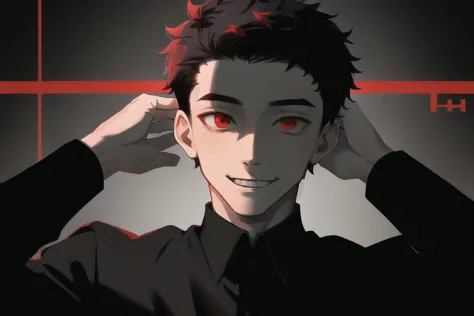 anime guy with red eyes and black hair in a black shirt