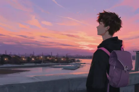 1boy, male focus, yaoi, solo, sunset in the background, sky, clouds, red-pink-purple sky, brown hair, shirt hair, hoodie, black sweatpants, a backpack is hanging on his back, look away, year 2024