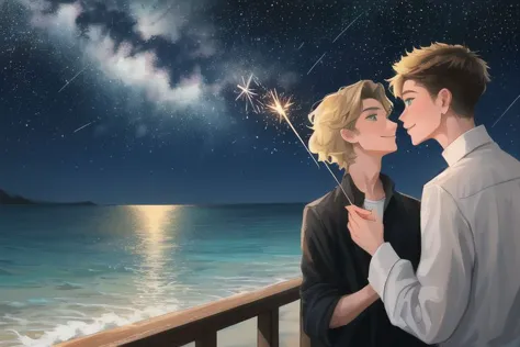 2boys, male focus, boys, yaoi, imminent kiss, looking at another, smile, by the sea, night, dark sky, stars, sparklers in hand, ...