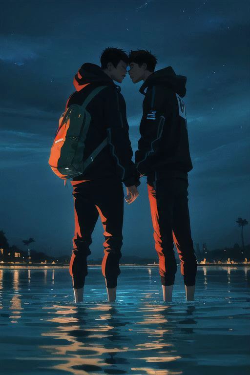 2boys, male focus, boys, yaoi, teenagers, imminent kiss, looking at the other, standing in the water, night, short hair, black hair, hoodie, sweatpants, dark colors, subdued lights, slightly shiny water, dark sky, from below, spotlight, best aesthetics, absurdres, year 2024