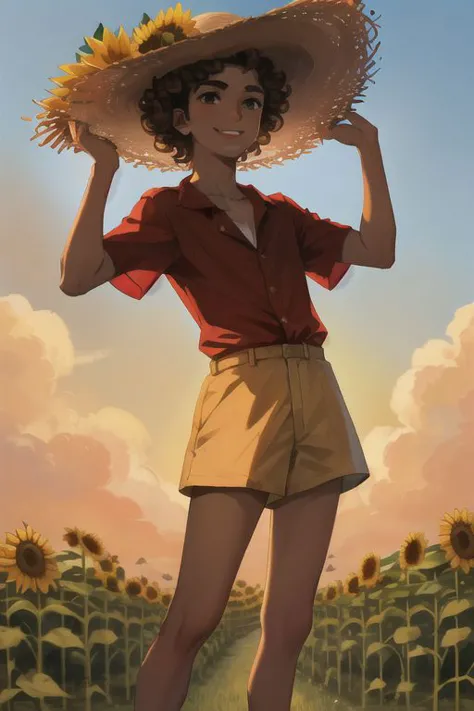 1boy, male focus, boys, yaoi, solo, handsome, portrait, looking at the view, standing, standing in the middle of sunflowers, a field with sunflowers, a hat on my head made of straw, a red shirt, a shirt slightly opens the neckline, a shirt unbuttoned with the first two buttons, flat chest, smooth chest, thin legs, smooth legs, brown hair, curls, smile, brown eyes, the sun is shining, summer, dark theme, best aesthetics, absurdres, year 2024