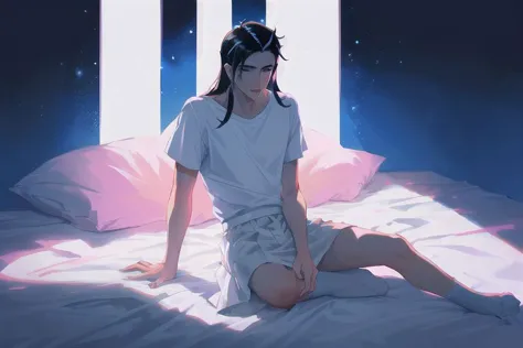 1boy, male focus, boys, yaoi, solo, looking at the view, femboy, long hair, black hair, white t-shirt, pink skirt, white knee so...